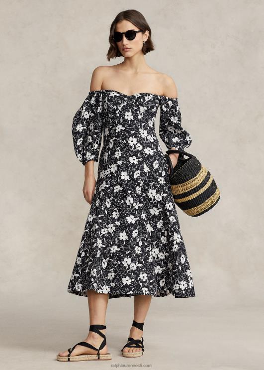 Ralph Lauren naised lilleline õlgadeta linane kleit PR0V2976 kreemikas liilia mustal