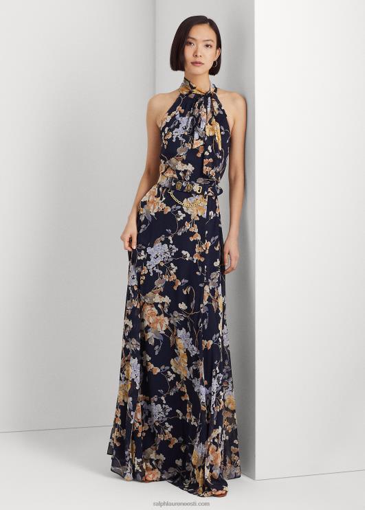 Ralph Lauren naised lilleline vööga georgette päitsetega kleit PR0V4079 mereväe multi