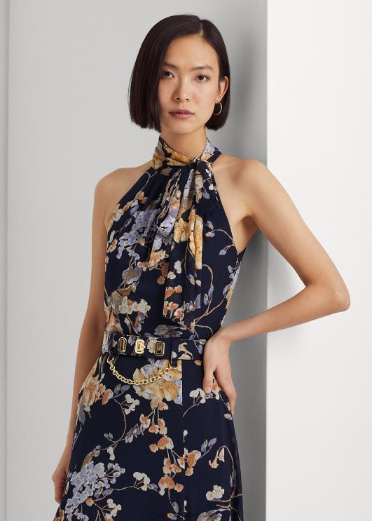 Ralph Lauren naised lilleline vööga georgette päitsetega kleit PR0V4079 mereväe multi