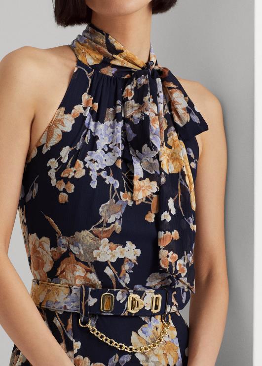 Ralph Lauren naised lilleline vööga georgette päitsetega kleit PR0V4079 mereväe multi