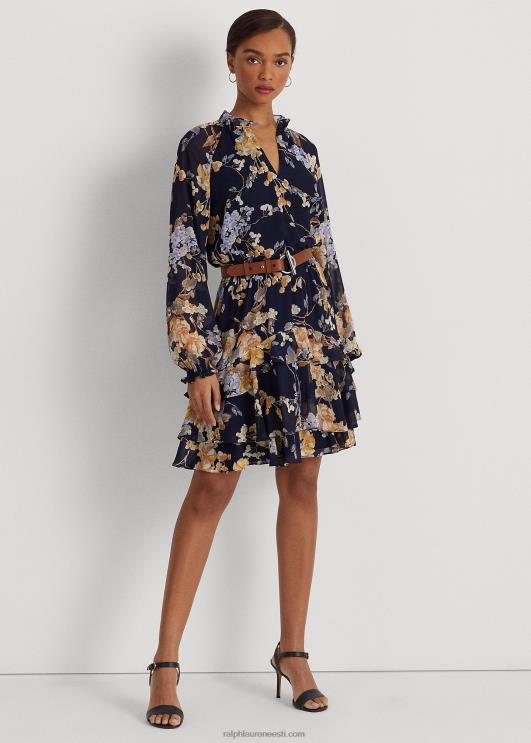 Ralph Lauren naised lilleline vööga kortsus Georgette kleit PR0V4094 mereväe multi