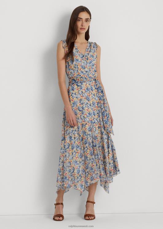Ralph Lauren naised lilleline vööga kortsus Georgette kleit PR0V4103 sinine/roosa multi