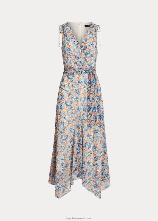 Ralph Lauren naised lilleline vööga kortsus Georgette kleit PR0V4103 sinine/roosa multi