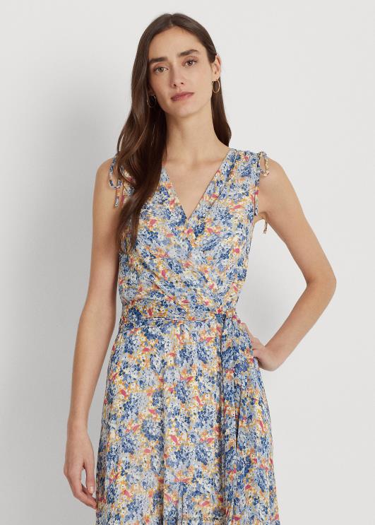 Ralph Lauren naised lilleline vööga kortsus Georgette kleit PR0V4103 sinine/roosa multi