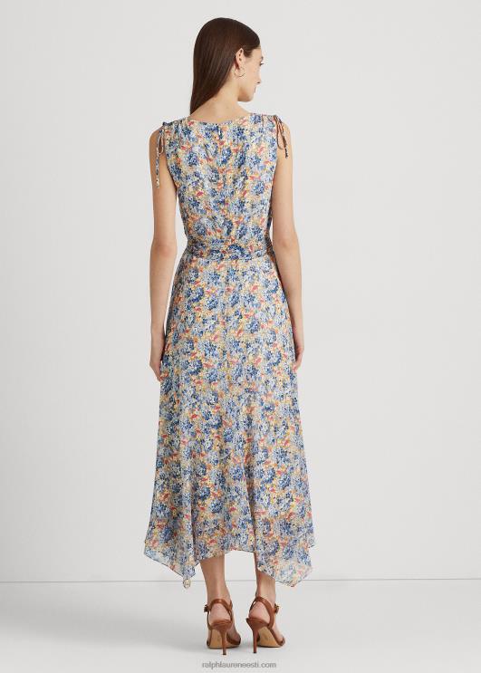 Ralph Lauren naised lilleline vööga kortsus Georgette kleit PR0V4103 sinine/roosa multi