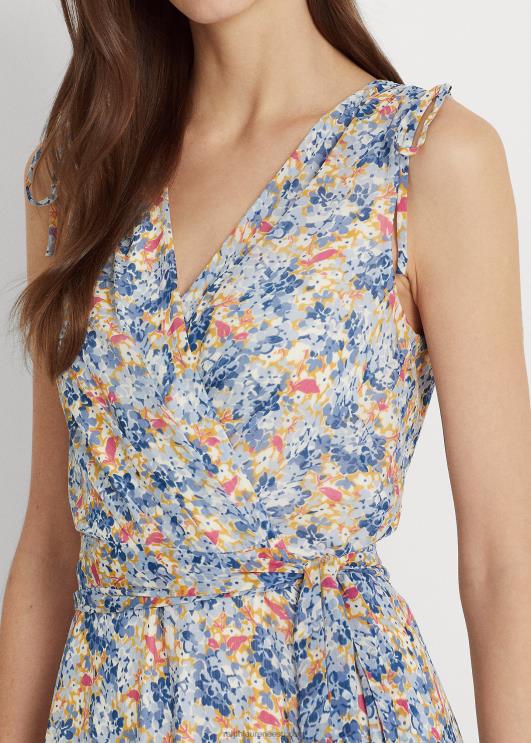 Ralph Lauren naised lilleline vööga kortsus Georgette kleit PR0V4103 sinine/roosa multi