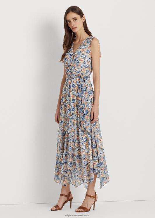 Ralph Lauren naised lilleline vööga kortsus Georgette kleit PR0V4103 sinine/roosa multi