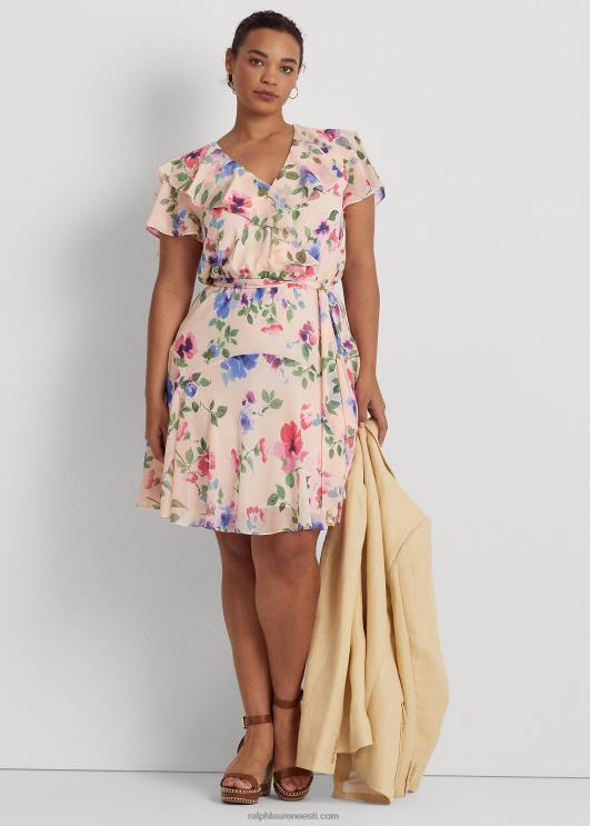 Ralph Lauren naised lilleline vööga kortsus Georgette kleit PR0V4694 roosa multi
