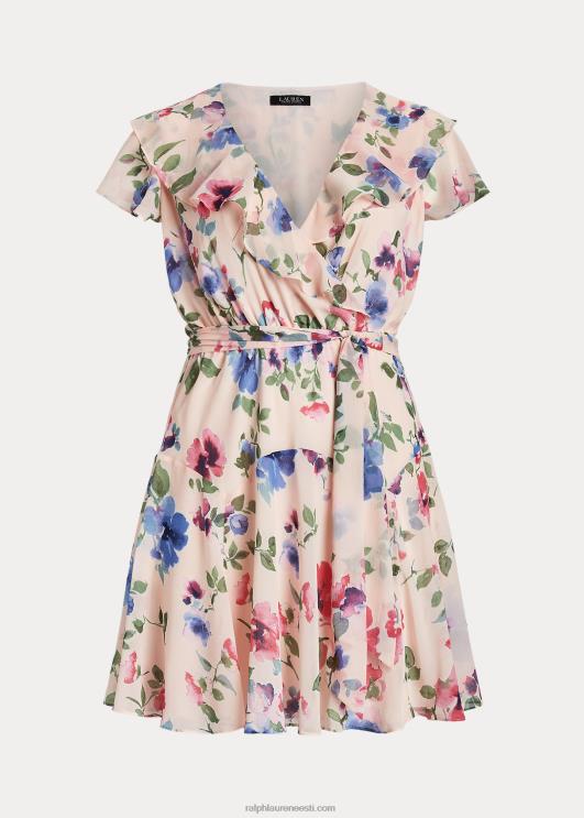 Ralph Lauren naised lilleline vööga kortsus Georgette kleit PR0V4694 roosa multi