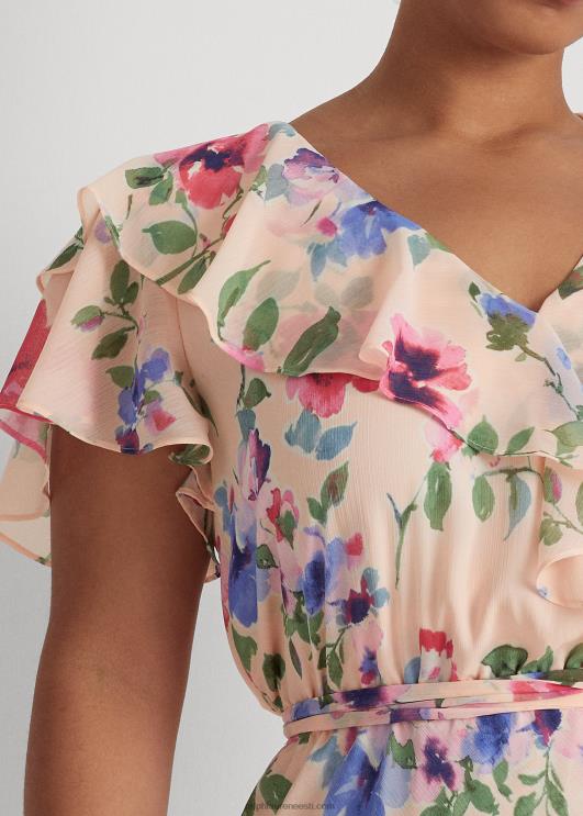 Ralph Lauren naised lilleline vööga kortsus Georgette kleit PR0V4694 roosa multi