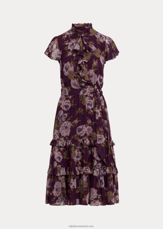 Ralph Lauren naised lilleline vööga kortsus Georgette kleit PR0V9588 lilla multi