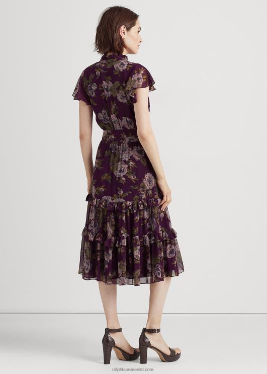Ralph Lauren naised lilleline vööga kortsus Georgette kleit PR0V9588 lilla multi