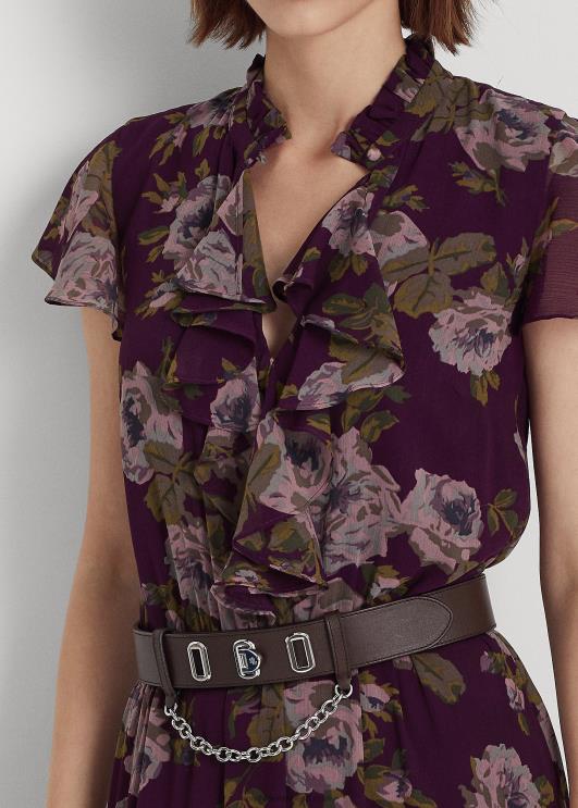 Ralph Lauren naised lilleline vööga kortsus Georgette kleit PR0V9588 lilla multi