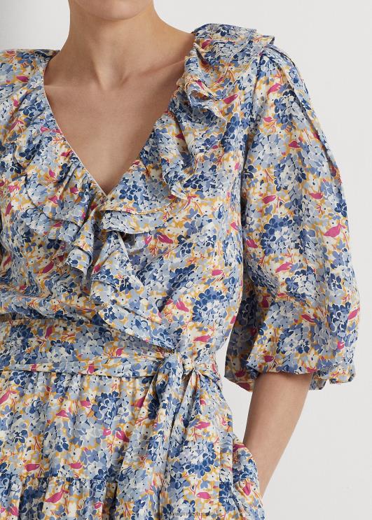 Ralph Lauren naised lilleline volangidega puuvillane voile kleit PR0V4845 sinine/roosa multi