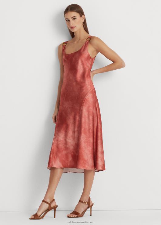 Ralph Lauren naised lipsuvärvi-prindiga sõrmuseäärisega satiinkleit PR0V4305 punane päikesekivi multi