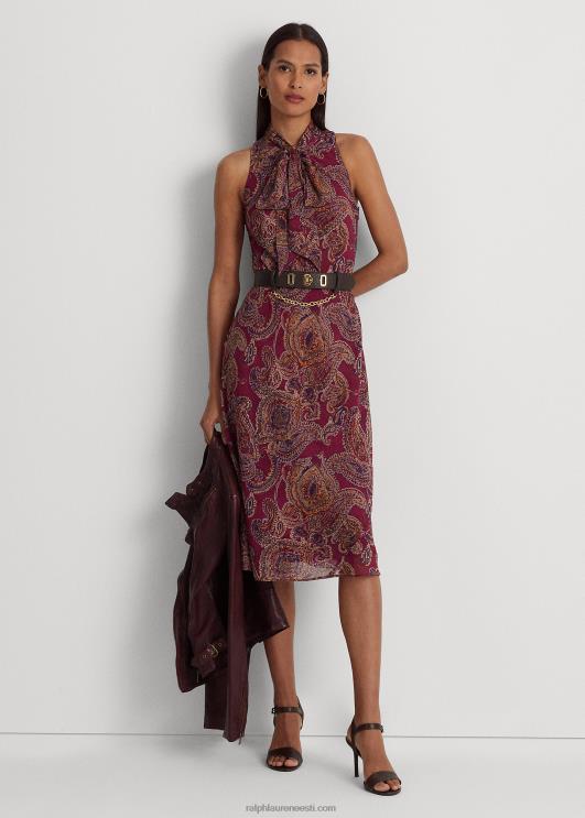 Ralph Lauren naised paisley crinkle Georgette lipsukaelusega kleit PR0V4278 Burgundia multi