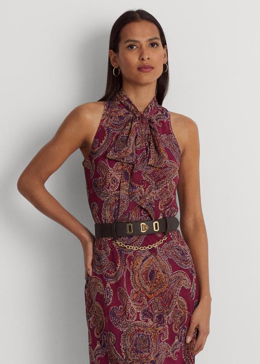 Ralph Lauren naised paisley crinkle Georgette lipsukaelusega kleit PR0V9156 Burgundia multi