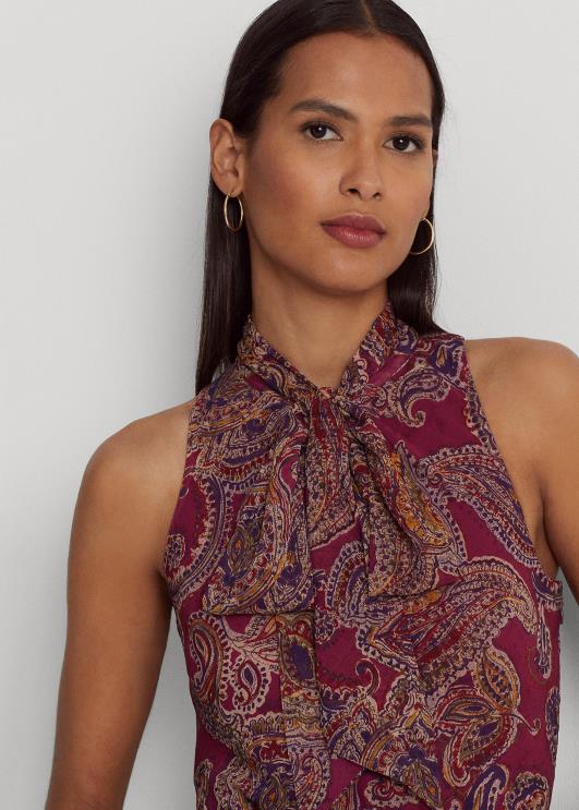 Ralph Lauren naised paisley crinkle Georgette lipsukaelusega kleit PR0V9156 Burgundia multi