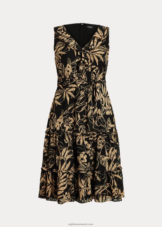 Ralph Lauren naised prindiga kortsus Georgette kleit PR0V4961 must/pruun