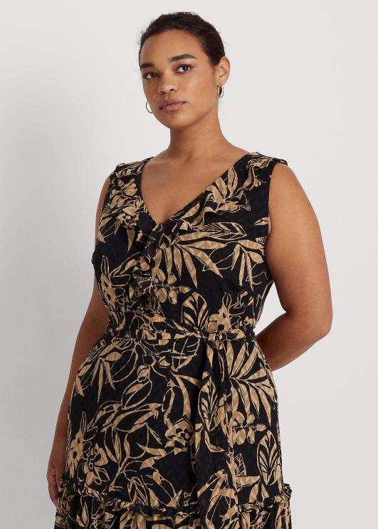 Ralph Lauren naised prindiga kortsus Georgette kleit PR0V4961 must/pruun