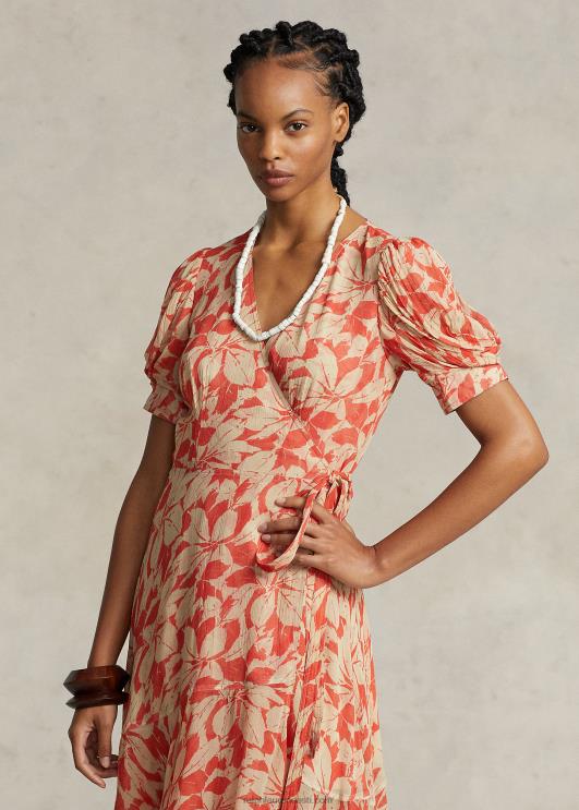 Ralph Lauren naised prindiga kortsus georgette ümbriskleit PR0V3214 kaselehtede trükk