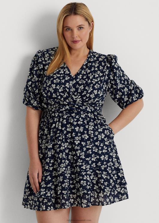 Ralph Lauren naised prindiga lips-ees puuvillane puhvis varrukatega kleit PR0V4701 merevägi/kreem