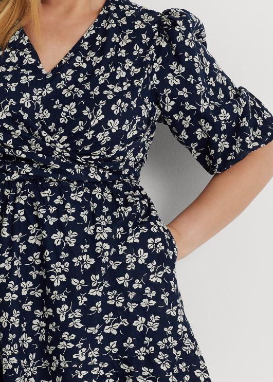 Ralph Lauren naised prindiga lips-ees puuvillane puhvis varrukatega kleit PR0V4701 merevägi/kreem