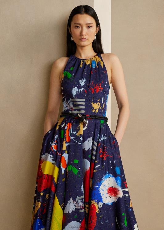 Ralph Lauren naised renshaw mustriga puuvillasest satiinist päevakleit PR0V3511 lux mereväe multi