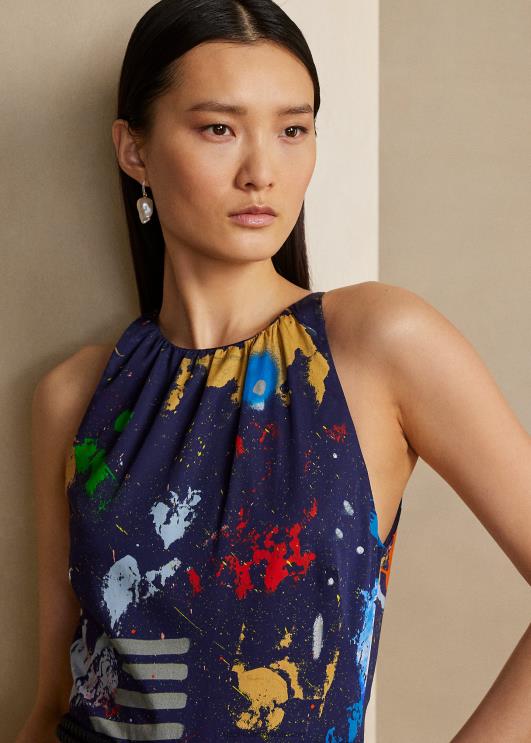 Ralph Lauren naised renshaw mustriga puuvillasest satiinist päevakleit PR0V3511 lux mereväe multi