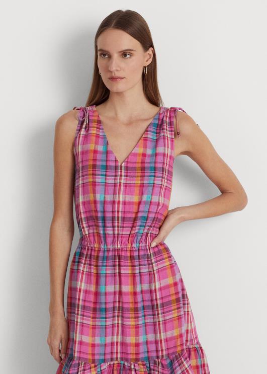 Ralph Lauren naised ruuduline linane varrukateta kleit PR0V3932 roosa multi