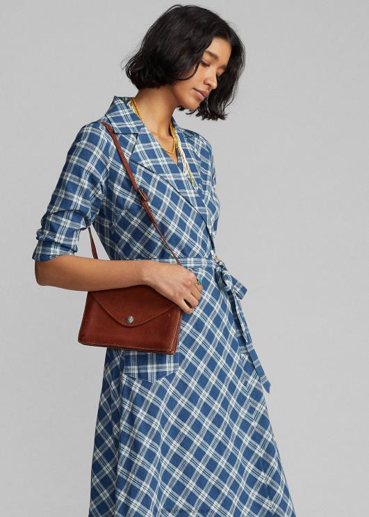 Ralph Lauren naised ruuduline puuvillane voile wrap kleit PR0V3655 sinine/kreem