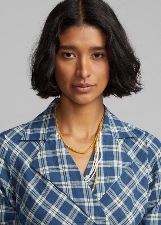 Ralph Lauren naised ruuduline puuvillane voile wrap kleit PR0V3655 sinine/kreem