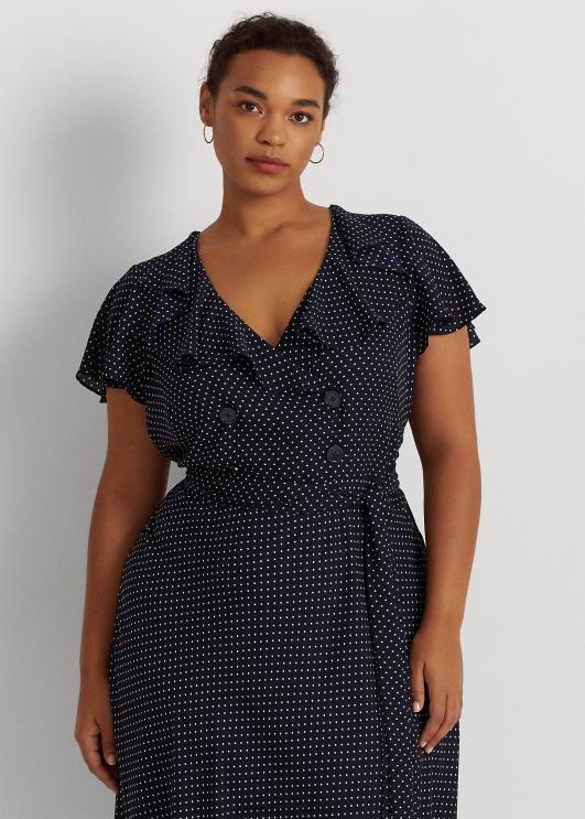 Ralph Lauren naised täpiline Georgette vööga kleit PR0V4792 mereväe/valge