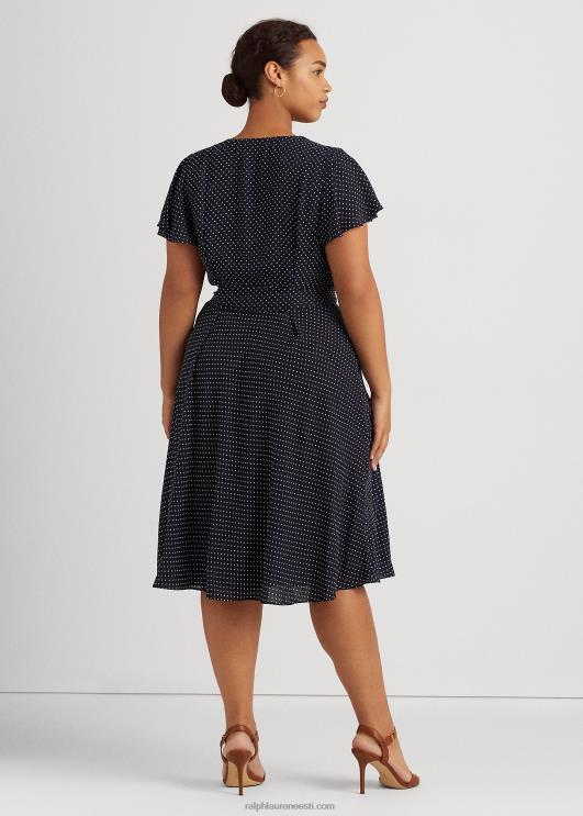 Ralph Lauren naised täpiline Georgette vööga kleit PR0V4792 mereväe/valge