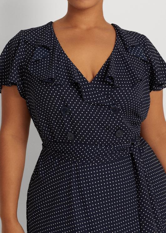 Ralph Lauren naised täpiline Georgette vööga kleit PR0V4792 mereväe/valge