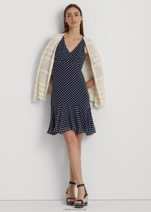 Ralph Lauren naised täpiline šifoonist varrukateta kleit PR0V9419 merevägi/kreem