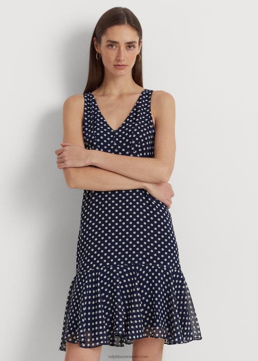 Ralph Lauren naised täpiline šifoonist varrukateta kleit PR0V9419 merevägi/kreem