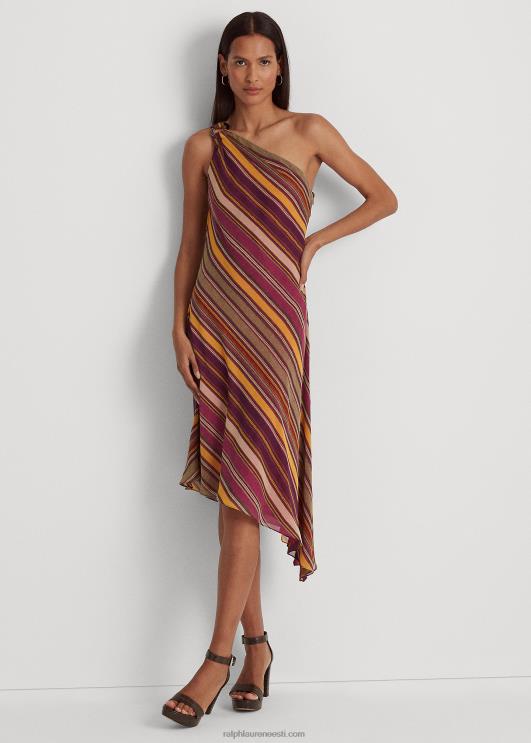 Ralph Lauren naised triibuline georgette ühe õlaga kleit PR0V3801 fuksia/koor/multi