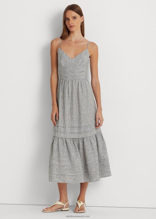 Ralph Lauren naised triibuline kaarjas linane kleit PR0V3926 must valge