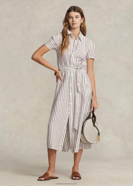 Ralph Lauren naised triibuline linane lühikeste varrukatega särk PR0V2912 jahimees pruun