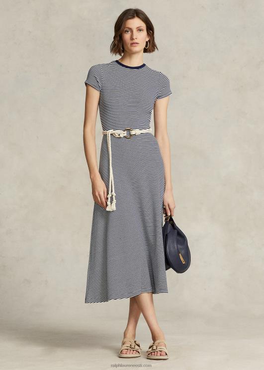 Ralph Lauren naised triibuline soonik puuvillasegu kleit PR0V3066 valge/newporti mereväe triip
