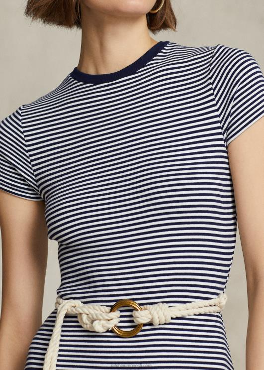 Ralph Lauren naised triibuline soonik puuvillasegu kleit PR0V3066 valge/newporti mereväe triip