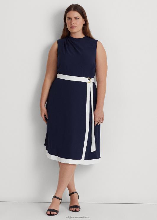 Ralph Lauren naised vööga kreppkaelusega kleit PR0V4808 rafineeritud mere-/valge