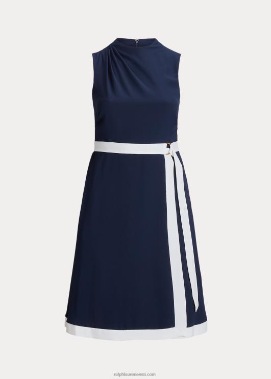 Ralph Lauren naised vööga kreppkaelusega kleit PR0V4808 rafineeritud mere-/valge
