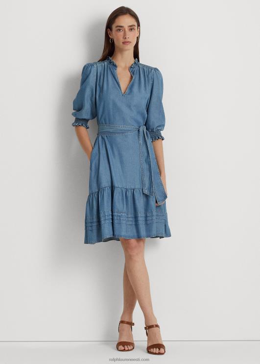 Ralph Lauren naised vööga teksapuhv-varrukatega kleit PR0V4841 soolaoja pesemine