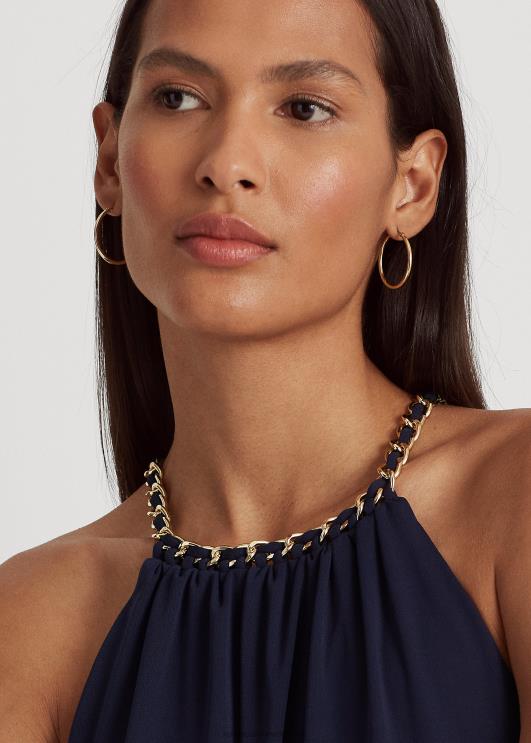 Ralph Lauren naised vööga veniv trikoo päitsetega kleit PR0V4004 rafineeritud merevägi