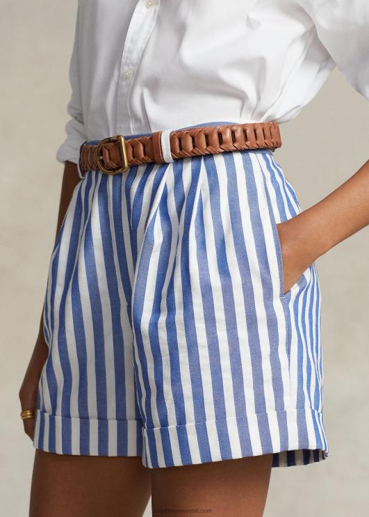 Ralph Lauren naised triibuline plisseeritud linane-puuvillane dobby lühike PR0V3058 sinine/valge markiistriip