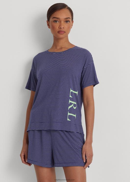 Ralph Lauren naised logoga triibuline jersey boxer pidžaama komplekt PR0V3944 mereväe triip