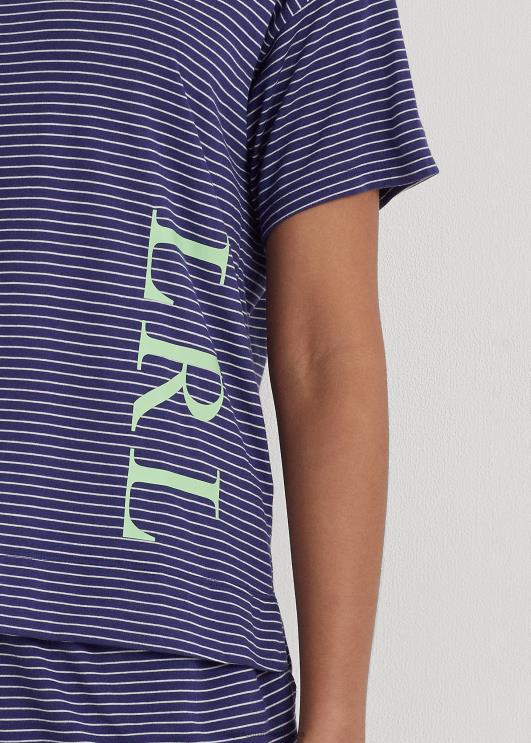 Ralph Lauren naised logoga triibuline jersey boxer pidžaama komplekt PR0V3944 mereväe triip