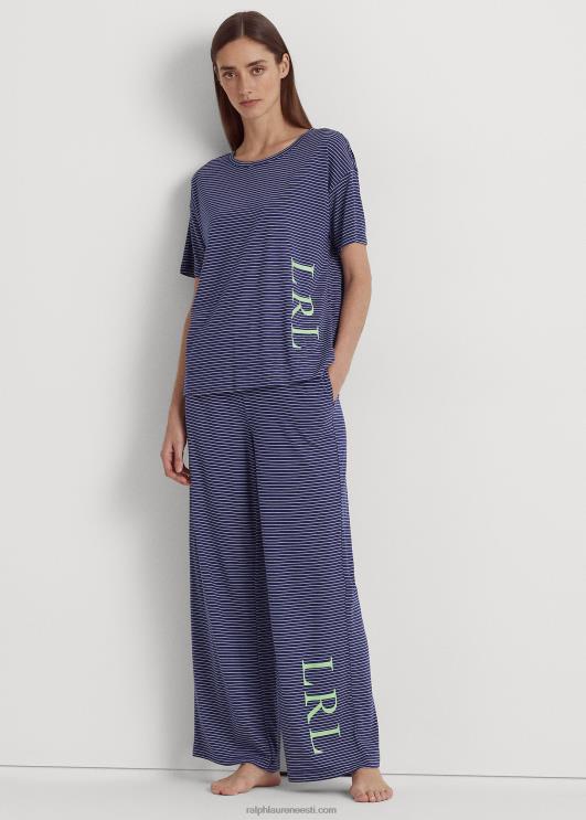 Ralph Lauren naised logoga triibuline jersey pidžaamakomplekt PR0V9418 mereväe triip